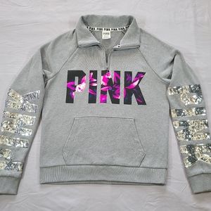 Victoria's Secret PINK Bling Gray Floral Quarter Zip Pullover Size Small